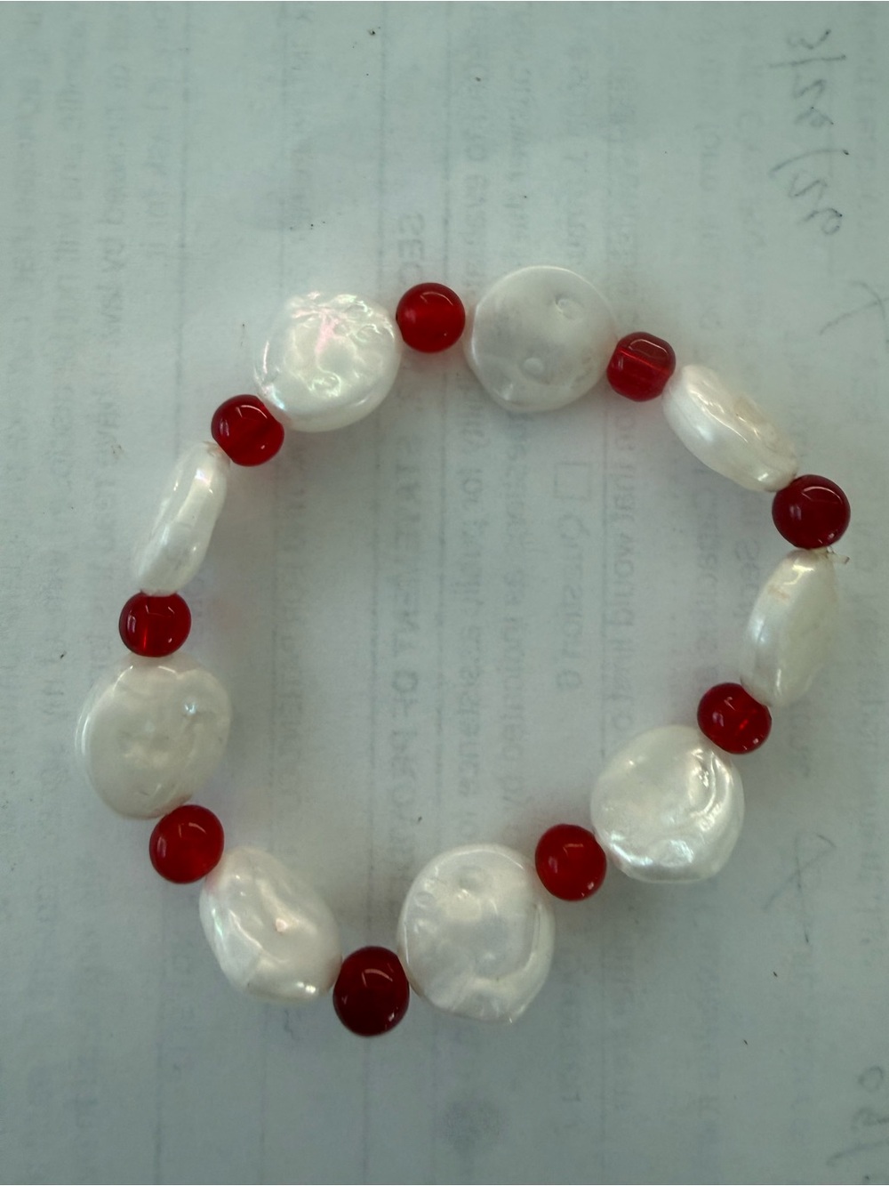 White Coin Pearl and Red Bead Stretch Bracelet